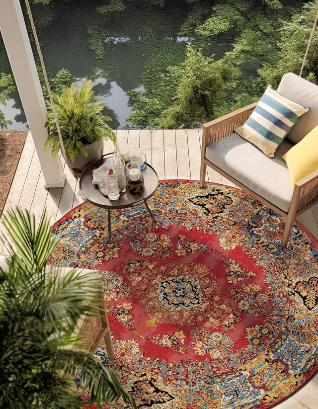 Antique Red 3' 1 x 3' 1 Outdoor Traditional Round Area Rug Weather Resistant for Patio, Deck, Terrace, Balcony, Porch Classical Design Outside Carpet for Sale at Rug Engine