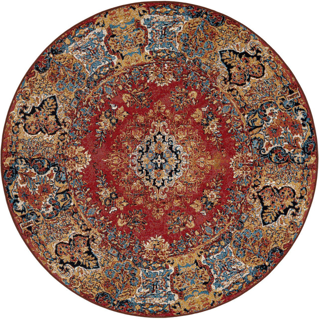 Antique Red 6' 1 x 6' 1 Outdoor Traditional Round Area Rug Weather Resistant for Patio, Deck, Terrace, Balcony, Porch Classical Design Outside Carpet for Sale at Rug Engine