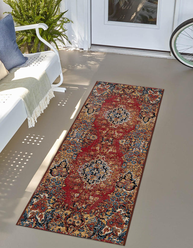 Antique Red 2' 7 x 10' Outdoor Traditional Runner Area Rug Weather Resistant for Patio, Deck, Terrace, Balcony, Porch Classical Design Outside Carpet for Sale at Rug Engine