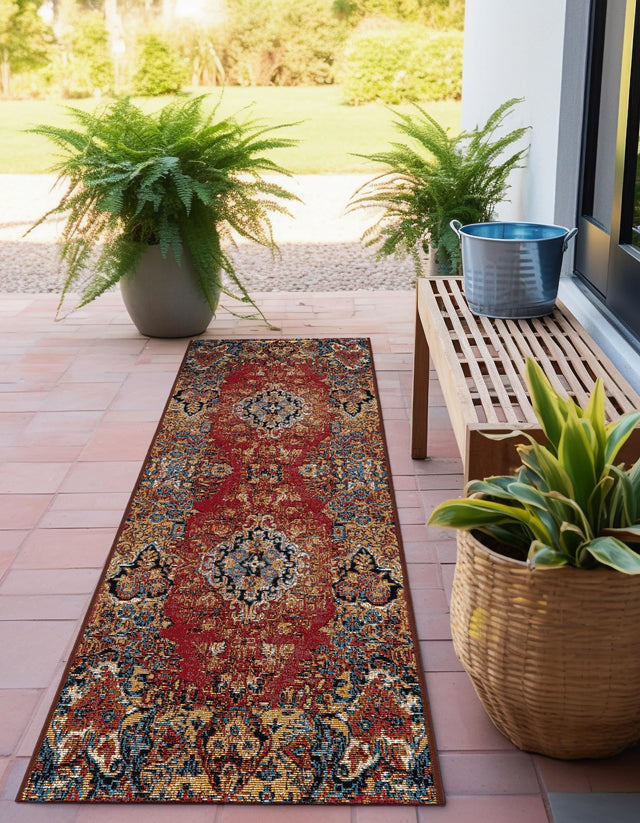Antique Red 2' x 5' 1 Outdoor Traditional Runner Area Rug Weather Resistant for Patio, Deck, Terrace, Balcony, Porch Classical Design Outside Carpet for Sale at Rug Engine