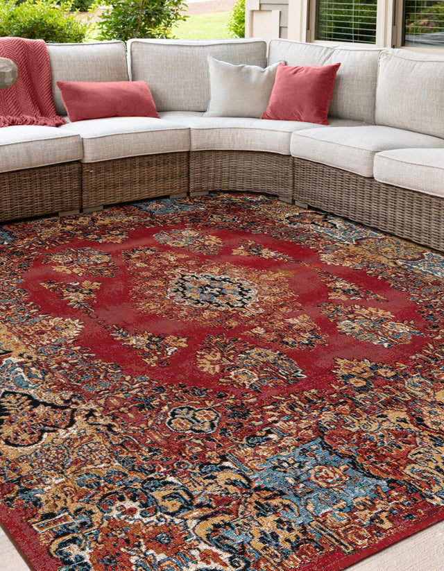 Antique Red 10' x 10' Outdoor Traditional Square Area Rug Weather Resistant for Patio, Deck, Terrace, Balcony, Porch Classical Design Outside Carpet for Sale at Rug Engine