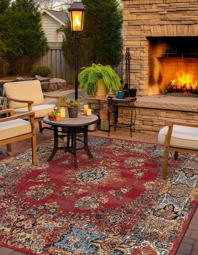 Antique Red 10' x 10' Outdoor Traditional Square Area Rug Weather Resistant for Patio, Deck, Terrace, Balcony, Porch Classical Design Outside Carpet for Sale at Rug Engine