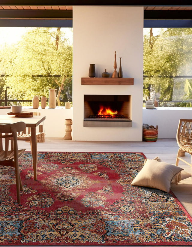 Antique Red 10' x 10' Outdoor Traditional Square Area Rug Weather Resistant for Patio, Deck, Terrace, Balcony, Porch Classical Design Outside Carpet for Sale at Rug Engine