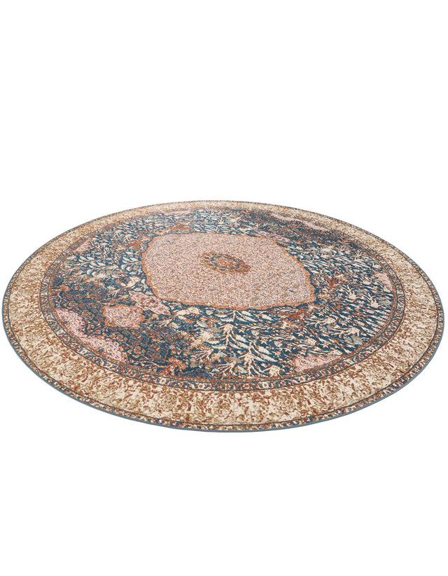 Navy Blue and Light Pink 10' x 10' Outdoor Traditional Round Area Rug Weather Resistant for Patio, Deck, Terrace, Balcony, Porch Classical Design Outside Carpet for Sale at Rug Engine