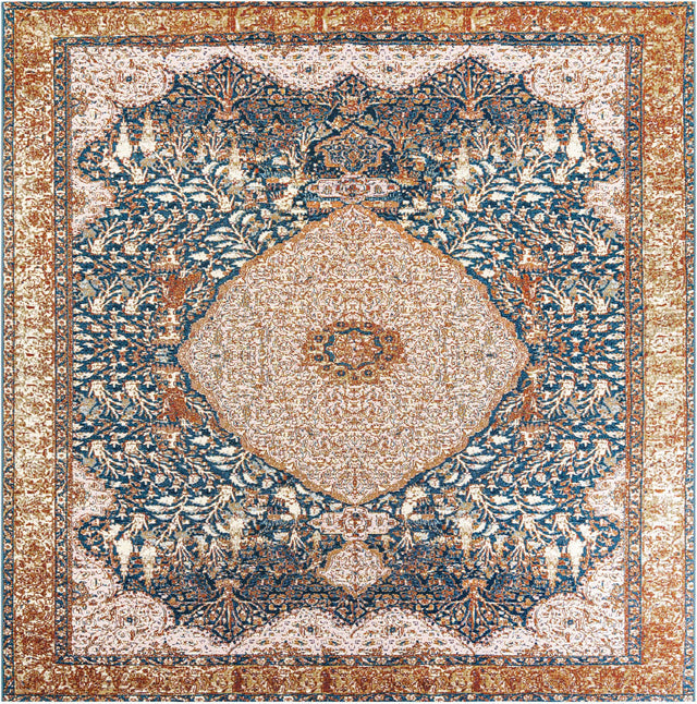 Navy Blue and Light Pink 10' x 10' Outdoor Traditional Square Area Rug Weather Resistant for Patio, Deck, Terrace, Balcony, Porch Classical Design Outside Carpet for Sale at Rug Engine