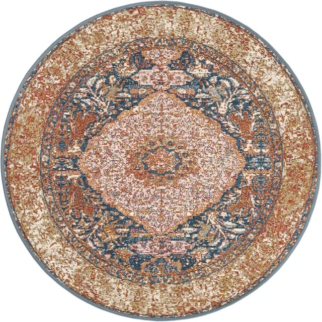 Navy Blue and Light Pink 3' 1 x 3' 1 Outdoor Traditional Round Area Rug Weather Resistant for Patio, Deck, Terrace, Balcony, Porch Classical Design Outside Carpet for Sale at Rug Engine