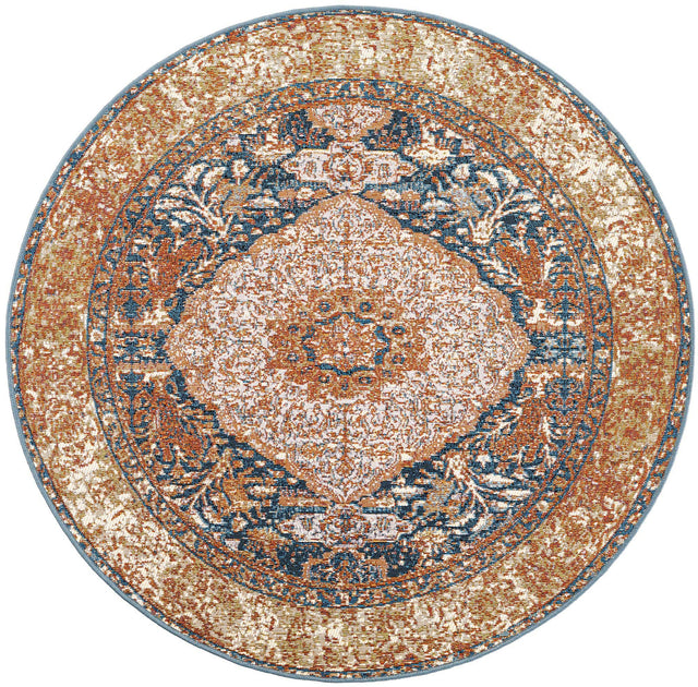 Navy Blue and Light Pink 4' 1 x 4' 1 Outdoor Traditional Round Area Rug Weather Resistant for Patio, Deck, Terrace, Balcony, Porch Classical Design Outside Carpet for Sale at Rug Engine