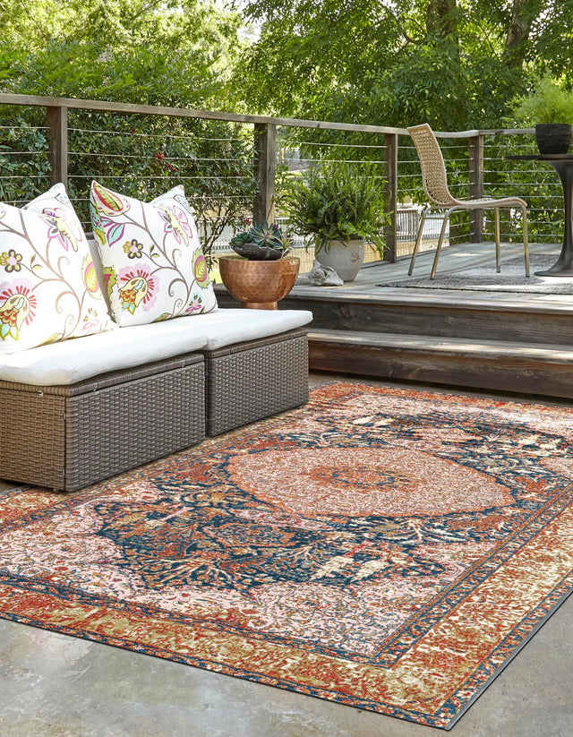 Navy Blue and Light Pink 7' 10 x 10' Outdoor Traditional Rectangle Area Rug Weather Resistant for Patio, Deck, Terrace, Balcony, Porch Classical Design Outside Carpet for Sale at Rug Engine