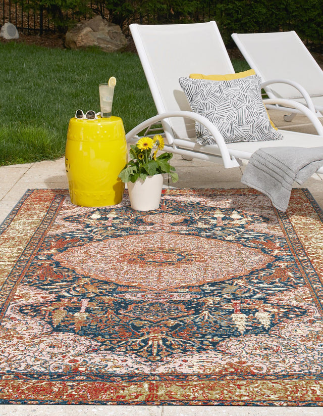 Navy Blue and Light Pink 10' x 13' 1 Outdoor Traditional Rectangle Area Rug Weather Resistant for Patio, Deck, Terrace, Balcony, Porch Classical Design Outside Carpet for Sale at Rug Engine