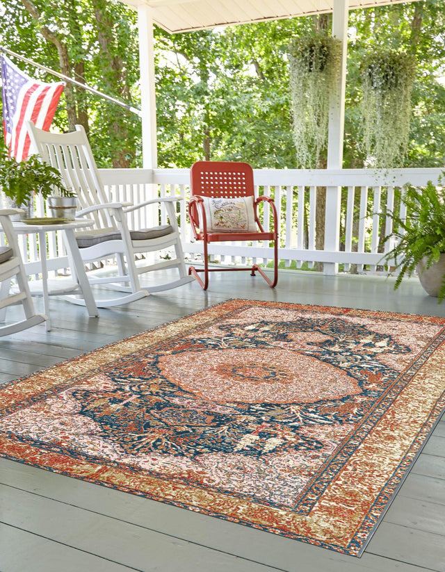 Navy Blue and Light Pink 4' 1 x 6' 1 Outdoor Traditional Rectangle Area Rug Weather Resistant for Patio, Deck, Terrace, Balcony, Porch Classical Design Outside Carpet for Sale at Rug Engine
