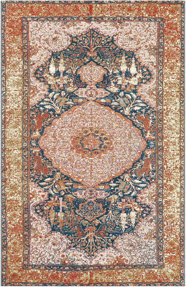 Navy Blue and Light Pink 5' 3 x 8' Outdoor Traditional Rectangle Area Rug Weather Resistant for Patio, Deck, Terrace, Balcony, Porch Classical Design Outside Carpet for Sale at Rug Engine
