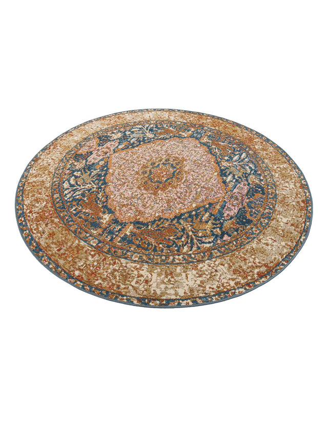 Navy Blue and Light Pink 6' 1 x 6' 1 Outdoor Traditional Round Area Rug Weather Resistant for Patio, Deck, Terrace, Balcony, Porch Classical Design Outside Carpet for Sale at Rug Engine