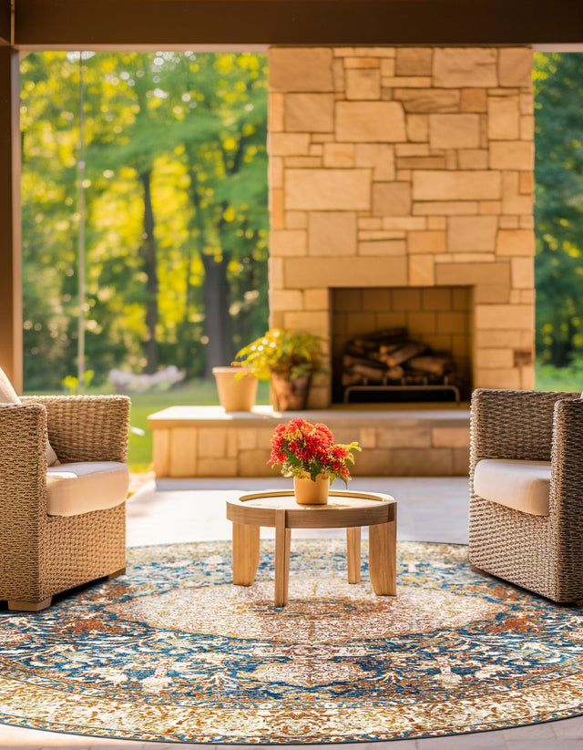 Navy Blue and Light Pink 3' 1 x 3' 1 Outdoor Traditional Round Area Rug Weather Resistant for Patio, Deck, Terrace, Balcony, Porch Classical Design Outside Carpet for Sale at Rug Engine