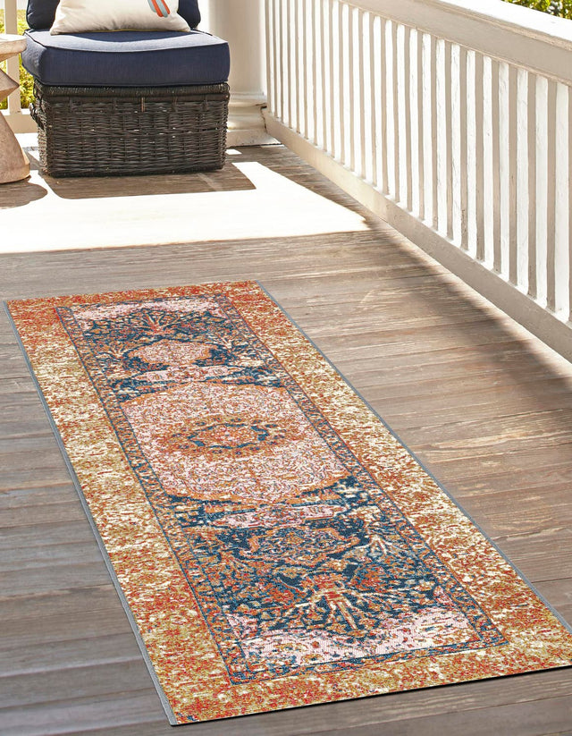 Navy Blue and Light Pink 2' x 6' 1 Outdoor Traditional Runner Area Rug Weather Resistant for Patio, Deck, Terrace, Balcony, Porch Classical Design Outside Carpet for Sale at Rug Engine