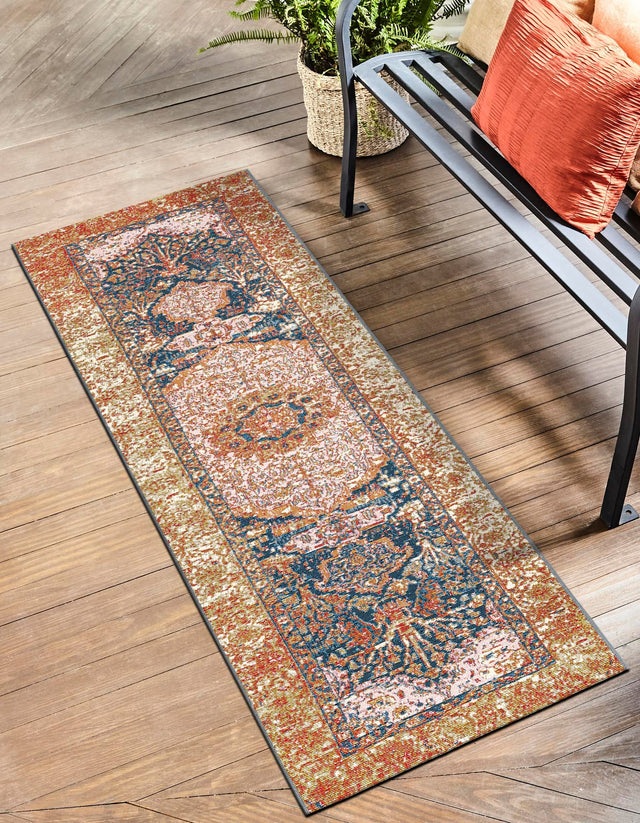 Navy Blue and Light Pink 2' 7 x 12' Outdoor Traditional Runner Area Rug Weather Resistant for Patio, Deck, Terrace, Balcony, Porch Classical Design Outside Carpet for Sale at Rug Engine