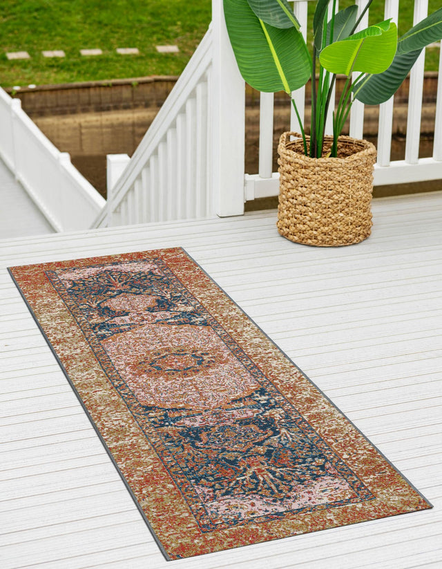 Navy Blue and Light Pink 2' x 5' 1 Outdoor Traditional Runner Area Rug Weather Resistant for Patio, Deck, Terrace, Balcony, Porch Classical Design Outside Carpet for Sale at Rug Engine