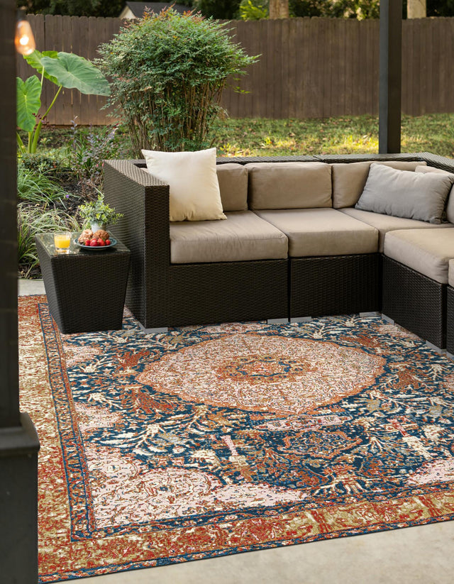 Navy Blue and Light Pink 10' x 10' Outdoor Traditional Square Area Rug Weather Resistant for Patio, Deck, Terrace, Balcony, Porch Classical Design Outside Carpet for Sale at Rug Engine