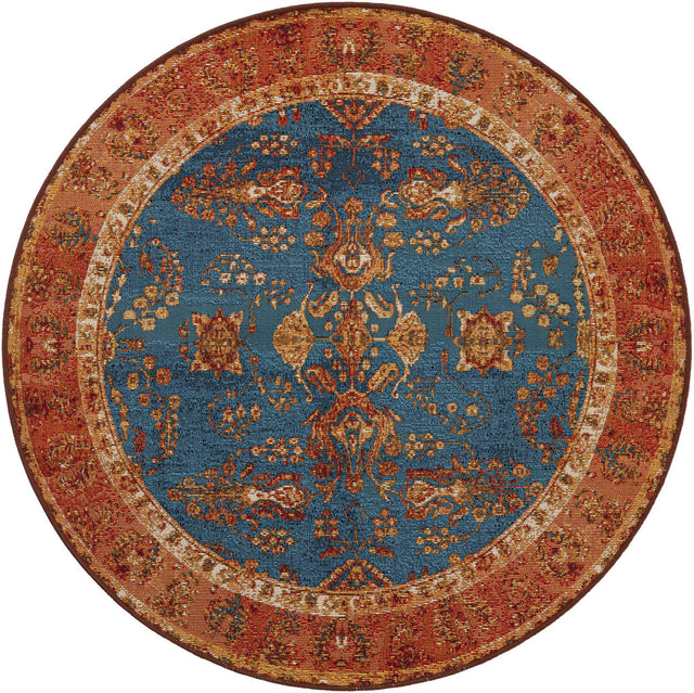 Navy Blue 4' 1 x 4' 1 Outdoor Traditional Round Area Rug Weather Resistant for Patio, Deck, Terrace, Balcony, Porch Classical Design Outside Carpet for Sale at Rug Engine