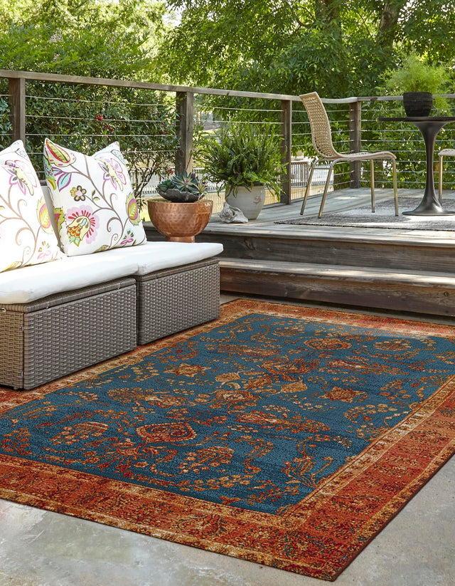 Navy Blue 9' x 12' Outdoor Traditional Rectangle Area Rug Weather Resistant for Patio, Deck, Terrace, Balcony, Porch Classical Design Outside Carpet for Sale at Rug Engine