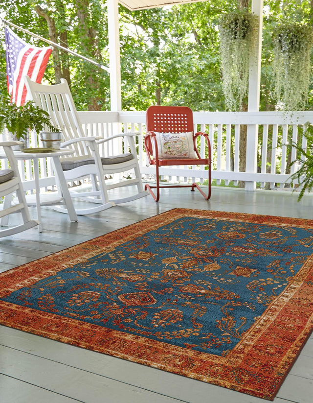 Navy Blue 9' x 12' Outdoor Traditional Rectangle Area Rug Weather Resistant for Patio, Deck, Terrace, Balcony, Porch Classical Design Outside Carpet for Sale at Rug Engine