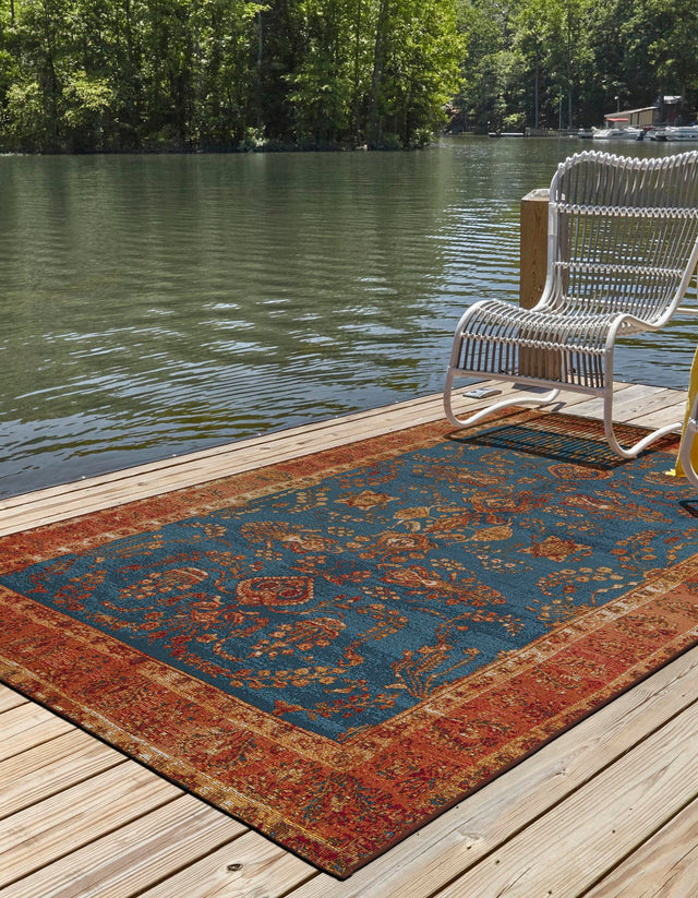 Navy Blue 6' 1 x 9' Outdoor Traditional Rectangle Area Rug Weather Resistant for Patio, Deck, Terrace, Balcony, Porch Classical Design Outside Carpet for Sale at Rug Engine