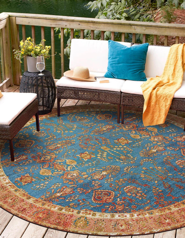 Navy Blue 6' 1 x 6' 1 Outdoor Traditional Round Area Rug Weather Resistant for Patio, Deck, Terrace, Balcony, Porch Classical Design Outside Carpet for Sale at Rug Engine