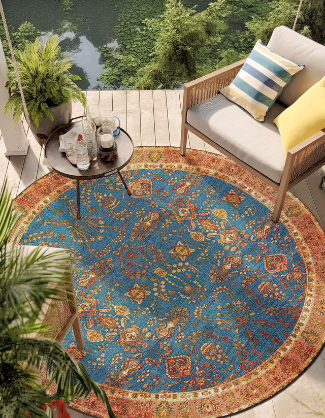 Navy Blue 10' x 10' Outdoor Traditional Round Area Rug Weather Resistant for Patio, Deck, Terrace, Balcony, Porch Classical Design Outside Carpet for Sale at Rug Engine