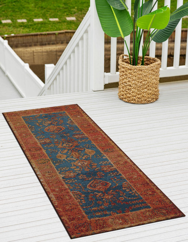 Navy Blue 2' x 6' 1 Outdoor Traditional Runner Area Rug Weather Resistant for Patio, Deck, Terrace, Balcony, Porch Classical Design Outside Carpet for Sale at Rug Engine