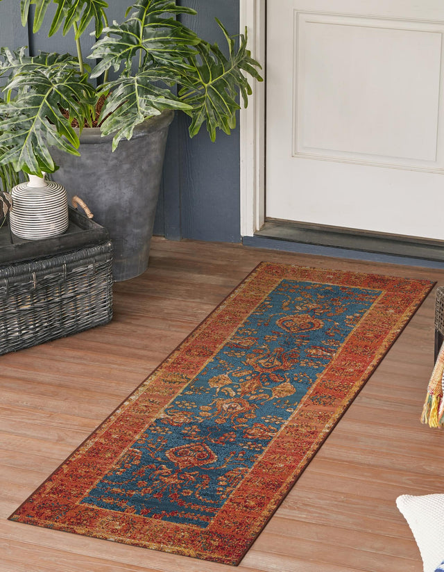 Navy Blue 2' x 6' 1 Outdoor Traditional Runner Area Rug Weather Resistant for Patio, Deck, Terrace, Balcony, Porch Classical Design Outside Carpet for Sale at Rug Engine