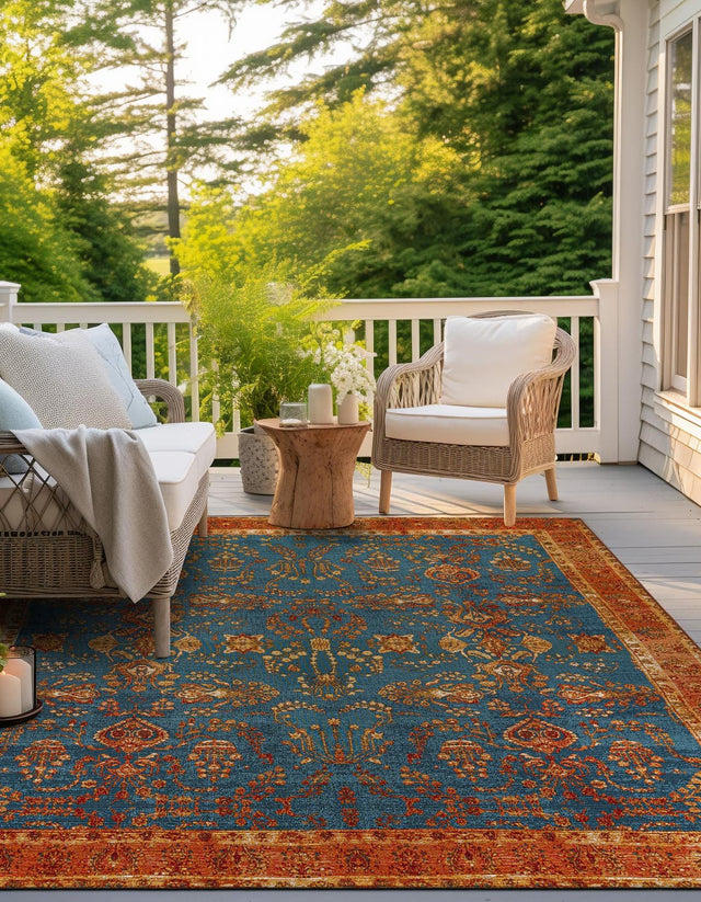 Navy Blue 10' x 10' Outdoor Traditional Square Area Rug Weather Resistant for Patio, Deck, Terrace, Balcony, Porch Classical Design Outside Carpet for Sale at Rug Engine