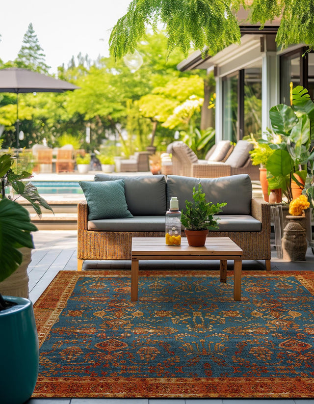Navy Blue 7' 10 x 7' 10 Outdoor Traditional Square Area Rug Weather Resistant for Patio, Deck, Terrace, Balcony, Porch Classical Design Outside Carpet for Sale at Rug Engine