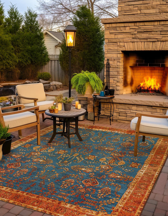 Navy Blue 7' 10 x 7' 10 Outdoor Traditional Square Area Rug Weather Resistant for Patio, Deck, Terrace, Balcony, Porch Classical Design Outside Carpet for Sale at Rug Engine