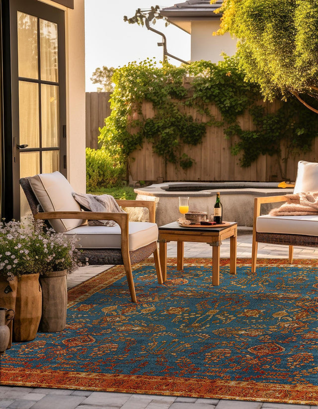 Navy Blue 7' 10 x 7' 10 Outdoor Traditional Square Area Rug Weather Resistant for Patio, Deck, Terrace, Balcony, Porch Classical Design Outside Carpet for Sale at Rug Engine