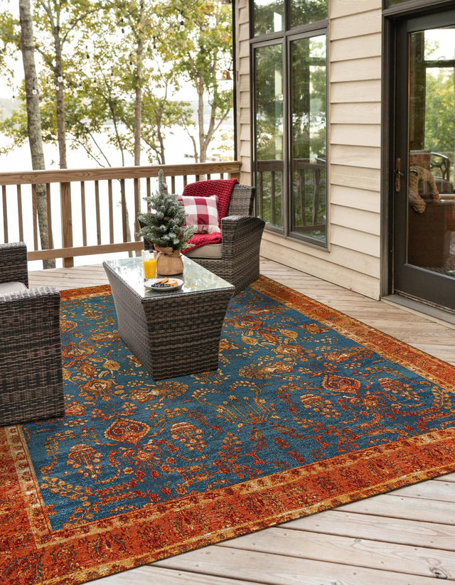Navy Blue 10' x 10' Outdoor Traditional Square Area Rug Weather Resistant for Patio, Deck, Terrace, Balcony, Porch Classical Design Outside Carpet for Sale at Rug Engine