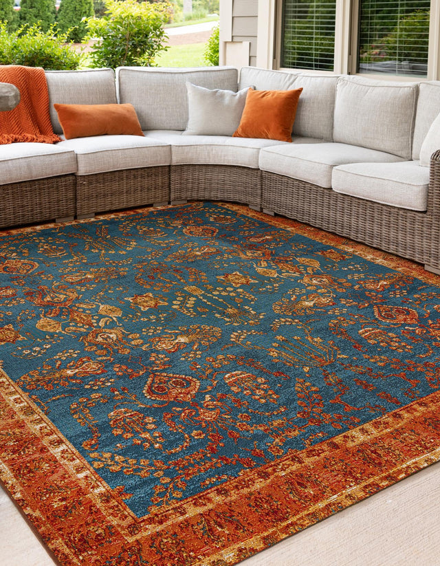 Navy Blue 7' 10 x 7' 10 Outdoor Traditional Square Area Rug Weather Resistant for Patio, Deck, Terrace, Balcony, Porch Classical Design Outside Carpet for Sale at Rug Engine