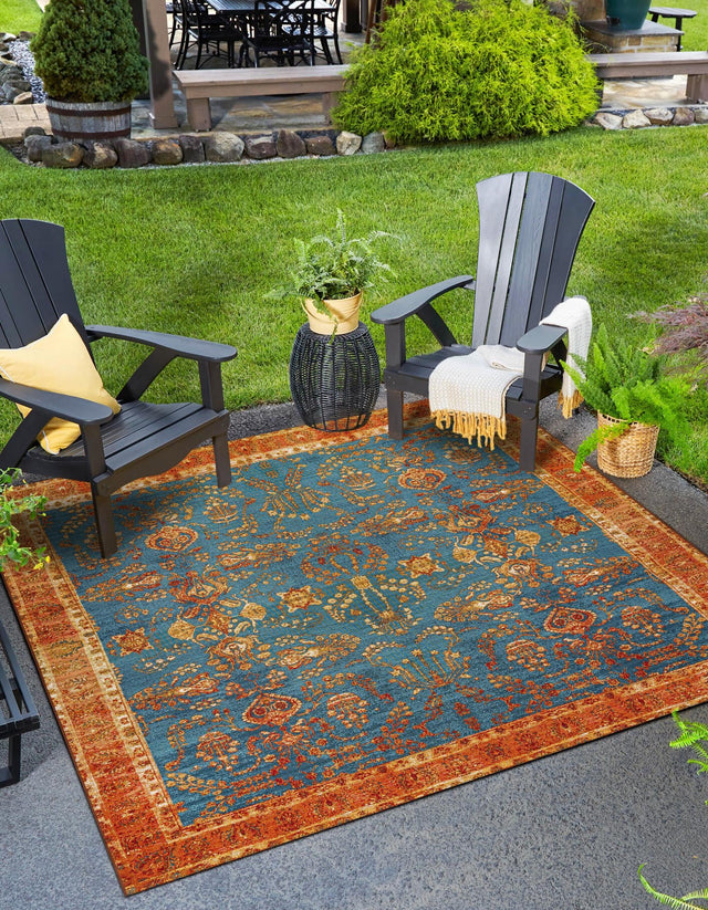 Navy Blue 10' x 10' Outdoor Traditional Square Area Rug Weather Resistant for Patio, Deck, Terrace, Balcony, Porch Classical Design Outside Carpet for Sale at Rug Engine