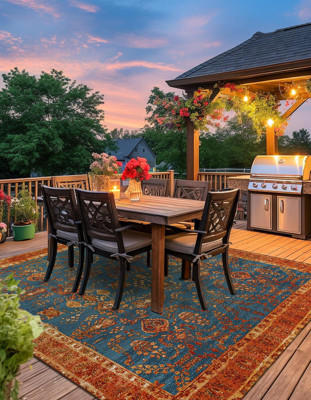 Navy Blue 7' 10 x 7' 10 Outdoor Traditional Square Area Rug Weather Resistant for Patio, Deck, Terrace, Balcony, Porch Classical Design Outside Carpet for Sale at Rug Engine