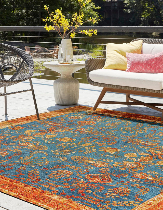 Navy Blue 7' 10 x 7' 10 Outdoor Traditional Square Area Rug Weather Resistant for Patio, Deck, Terrace, Balcony, Porch Classical Design Outside Carpet for Sale at Rug Engine