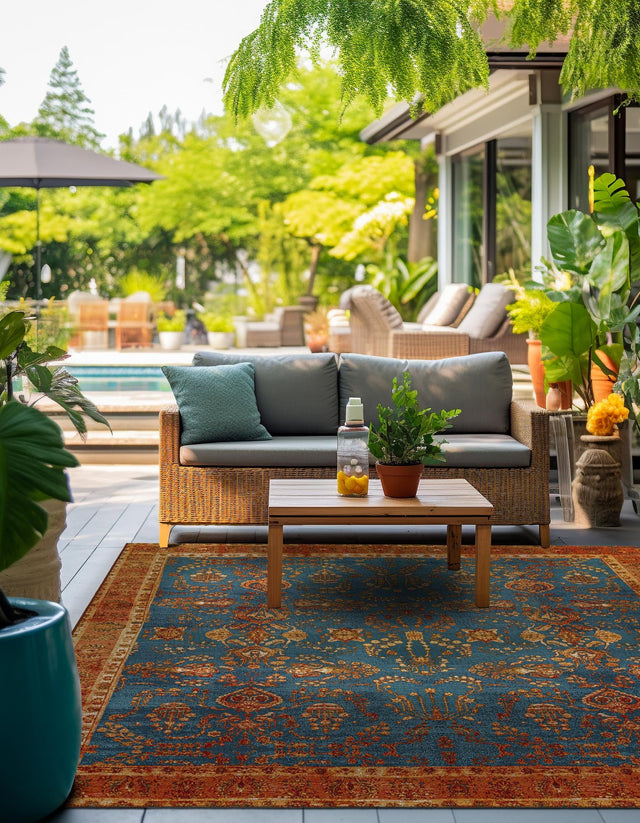 Navy Blue 7' 10 x 7' 10 Outdoor Traditional Square Area Rug Weather Resistant for Patio, Deck, Terrace, Balcony, Porch Classical Design Outside Carpet for Sale at Rug Engine