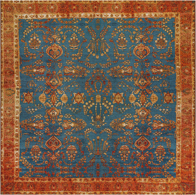 Navy Blue 7' 10 x 7' 10 Outdoor Traditional Square Area Rug Weather Resistant for Patio, Deck, Terrace, Balcony, Porch Classical Design Outside Carpet for Sale at Rug Engine