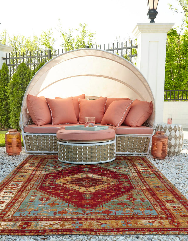 Red Green Blue 6' 1 x 9' Outdoor Traditional Rectangle Area Rug Weather Resistant for Patio, Deck, Terrace, Balcony, Porch Classical Design Outside Carpet for Sale at Rug Engine