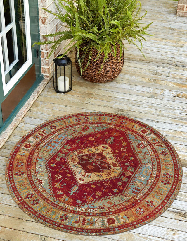 Red Green Blue 7' 10 x 7' 10 Outdoor Traditional Round Area Rug Weather Resistant for Patio, Deck, Terrace, Balcony, Porch Classical Design Outside Carpet for Sale at Rug Engine