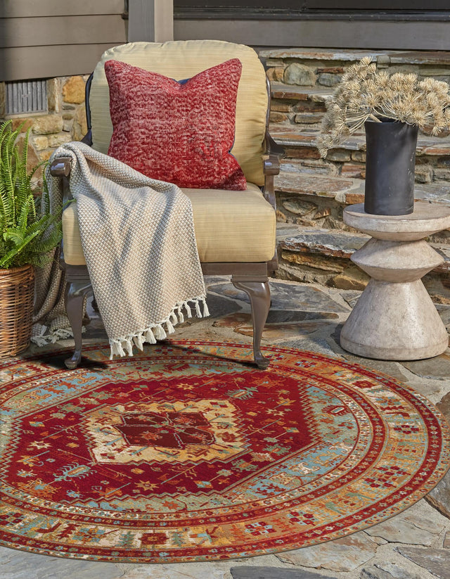 Red Green Blue 6' 1 x 6' 1 Outdoor Traditional Round Area Rug Weather Resistant for Patio, Deck, Terrace, Balcony, Porch Classical Design Outside Carpet for Sale at Rug Engine