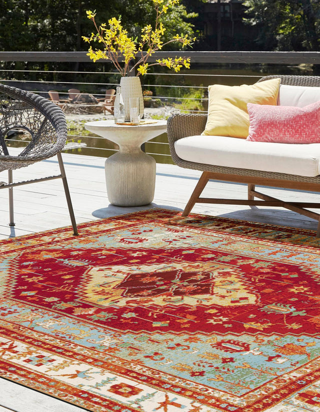 Red Green Blue 10' x 10' Outdoor Traditional Square Area Rug Weather Resistant for Patio, Deck, Terrace, Balcony, Porch Classical Design Outside Carpet for Sale at Rug Engine