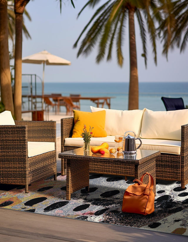 White and Black 7' 10 x 10' Outdoor Modern Rectangle Area Rug Weather Resistant for Patio, Deck, Terrace, Balcony, Porch 100% Polypropylene Modern Outside Carpet for Sale at Rug Engine