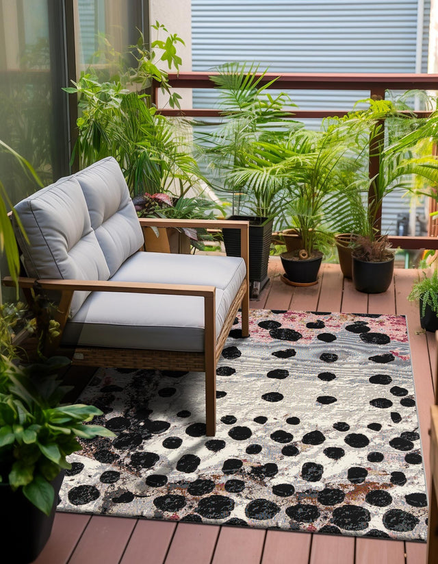 White and Black 7' 10 x 7' 10 Outdoor Modern Square Area Rug Weather Resistant for Patio, Deck, Terrace, Balcony, Porch 100% Polypropylene Modern Outside Carpet for Sale at Rug Engine
