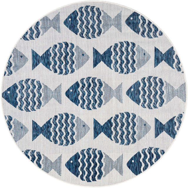 Navy Blue 5' 3 x 5' 3 Outdoor Coastal Round Area Rug Weather Resistant for Patio, Deck, Terrace, Balcony, Porch 100% Polypropylene Coastal Decor Carpet for Sale at Rug Engine