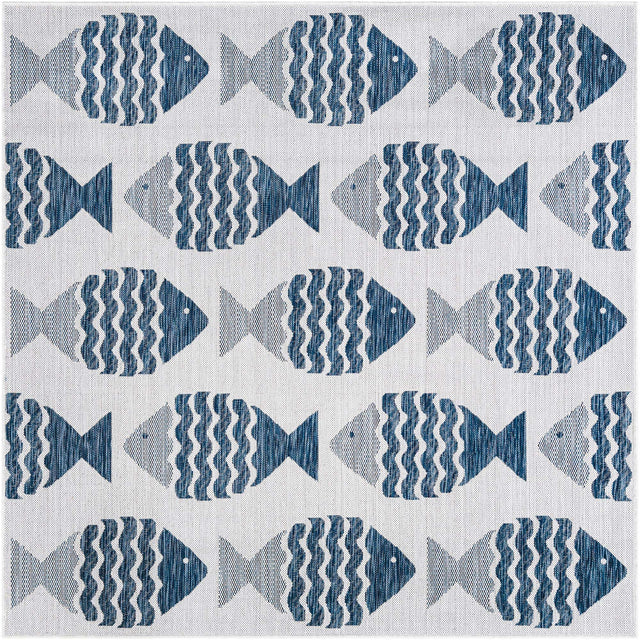 Navy Blue 6' 1 x 6' 1 Outdoor Coastal Square Area Rug Weather Resistant for Patio, Deck, Terrace, Balcony, Porch 100% Polypropylene Coastal Decor Carpet for Sale at Rug Engine