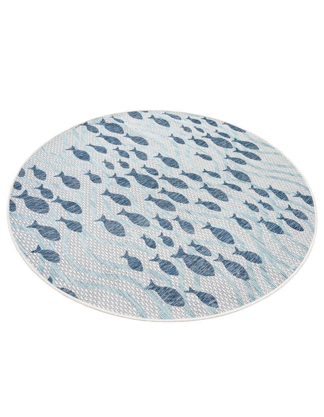 Blue 5' 3 x 5' 3 Outdoor Coastal Round Area Rug Weather Resistant for Patio, Deck, Terrace, Balcony, Porch 100% Polypropylene Coastal Decor Carpet for Sale at Rug Engine