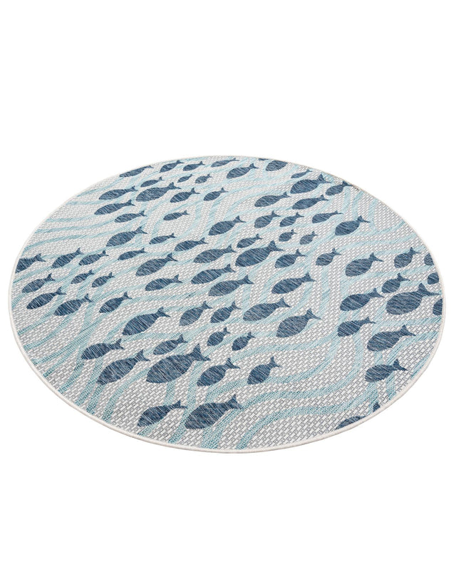 Blue 5' 3 x 5' 3 Outdoor Coastal Round Area Rug Weather Resistant for Patio, Deck, Terrace, Balcony, Porch 100% Polypropylene Coastal Decor Carpet for Sale at Rug Engine